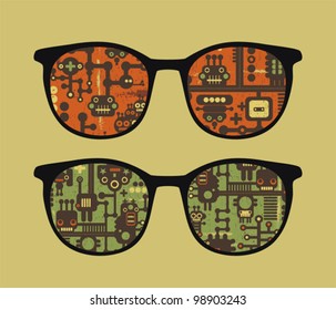 Retro sunglasses with robot pattern reflection in it. Vector illustration of accessory - isolated eyeglasses.