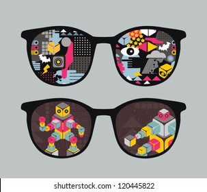Retro sunglasses with robots reflection in it. Vector illustration of accessory - eyeglasses isolated.