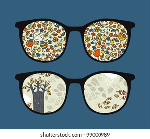 Retro sunglasses with seasons nature reflection in it. Vector illustration of accessory - isolated eyeglasses.