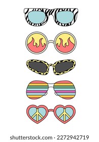 Retro Sunglasses Set. Accessory from 80s, 90s. Trendy vintage y2k nostalgic style