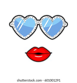 Retro sunglasses in the shape of heart and female lips. Flat vector illustration isolated on white background
