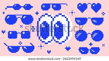 Retro sunglasses sticker collection in pixel art style. Various trendy frames of sunglasses. Big googly eyes emoticon. Y2k pixel glasses icons set. 8 bit game abstract cool summer vector elements