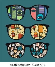 Retro sunglasses with sweet monsters reflection in it. Vector illustration of accessory - eyeglasses isolated.