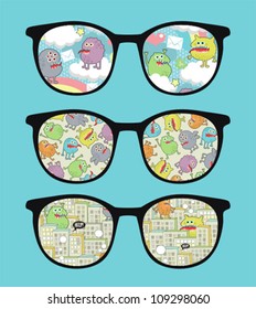 Retro sunglasses with sweet monsters  reflection in it. Vector illustration of accessory - eyeglasses isolated.