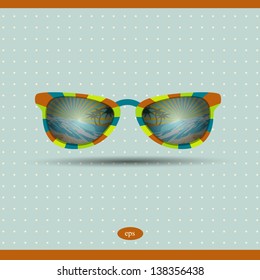 Retro sunglasses with tropical island reflection. Summer background illustration.