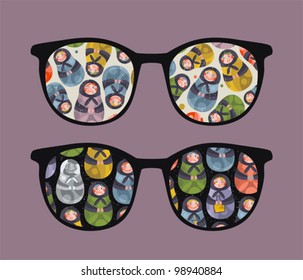 Retro sunglasses with ugly dolls reflection in it. Vector illustration of accessory - isolated eyeglasses.