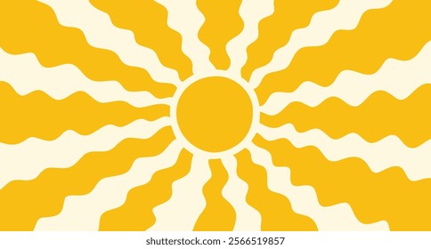  retro sunny background Groovy, hippie sun. Abstract hand drawn doodle sunshine shapes, trendy childishly sun. Contemporary summer banner, vector template poster. Vector illustration