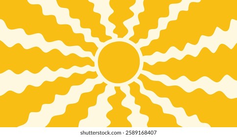  retro sunny background Groovy, hippie sun. Abstract hand drawn doodle sunshine shapes, trendy childishly sun. Contemporary summer banner, vector template poster. Vector illustration