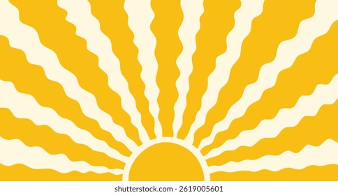  retro sunny background Groovy, hippie sun. Abstract hand drawn doodle sunshine shapes, trendy childishly sun. Contemporary summer banner, vector template poster. Vector illustration