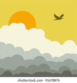 retro sunny sky with clouds and bird flying vector design