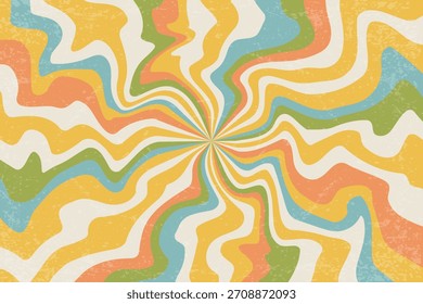 Retro sunrays background with groovy texture. Vector summer abstract poster. Psychedelic wavy radial beams. Vintage spiral 60s stripes. 60s modern rainbow design