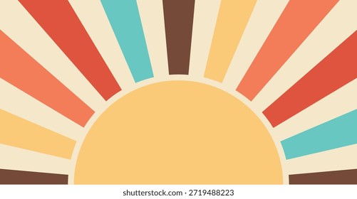 Retro sunrise with colorful rays background. Vintage sunburst illustration for posters and branding. Warm geometric landscape ideal for creative design projects.