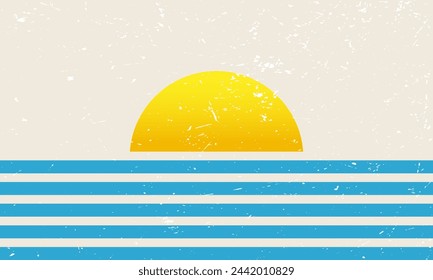 Retro sunrise over the sea or ocean. Silhouette of the sun and water. Background in yellow-blue color. Vector illustration.
