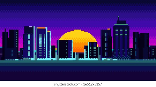 Retro sunrise with sun and neon city view