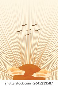 Retro Sunrise Sunset wall art poster decoration. Beautiful Sunburst patterns background art design