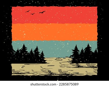 Retro Sunset . 70s Style Grunge Striped Sunset Forest Landscape Retro Background