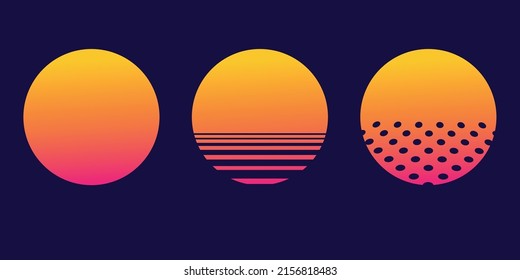 Retro sunset of 80s or 90s. Background of sun for cyberpunk, disco of 80 s and sunrise in miami. Set of neon gradient graphic for summer logo. Futuristic icons for flyer, music and shirt. Vector. - Shutterstock ID 2156818483