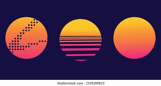 Retro sunset of 80s or 90s. Background of sun for cyberpunk, disco of 80 s and sunrise in miami. Set of neon gradient graphic for summer logo. Futuristic icons for flyer, music and shirt. Vector. - Shutterstock ID 2199289813