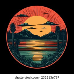 Atardecer retro de los 80 o 90. Fondo del sol para el ciberpunk, Conjunto de gráfico de degradado de neón para el logo de verano. Iconos futuristas para volante, música y camisa, Vector.