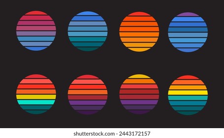 Retro sunset of 80s or 90s. Background of sun for cyberpunk, disco of 80s symbol set design vector ilustration.