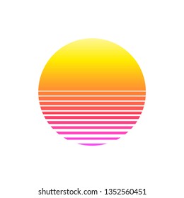 Retro sunset in 80`s style on white background. Retrowave, synthwave futuristic background. Template design for cyber or sci-fi abstract concept. Vector illustration