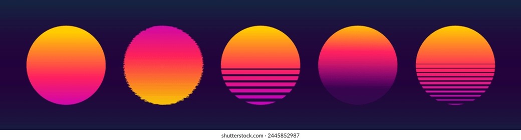 Retro sunset from 80s. Vintage 80s neon sun collection. Abstract cyberpunk sun template in gradient. Cyber or sci-fi concept.