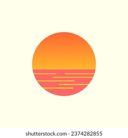 Atardecer retro sobre el mar o el océano con silueta de sol y agua. Logo de verano o diseño de iconos de estilo vintage aislados en fondo blanco. Ilustración del vector