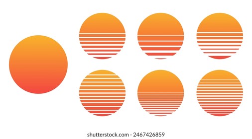 Retro sunset above the sea or ocean with sun and water silhouette. Vintage styled summer logo or icon design isolated on white background.