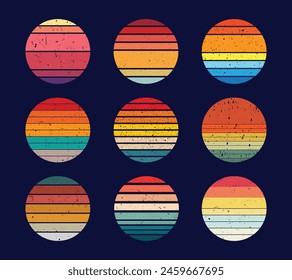 Retro sunset, abstract 80s style grunge striped sunsets. Vintage colorful striped circles for logo or print design elements vector set. Round symbols for tropical sunshine t-shirt print