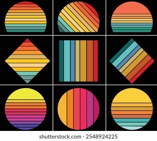 Atardecer retro, atardeceres a rayas estilo grunge abstracto de los años 80. Círculos de rayas coloridas de Antiguas para el logotipo o el Vector de Elementos de diseño impresos. Símbolos redondos para la impresión tropical de la camiseta del sol