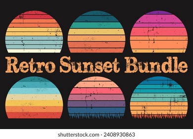 Retro Sunset Art Paket. Retro-Sonnenuntergangswelle, Retro-Horizontale Sonnenuntergänge gestört