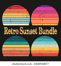 Retro Sunset Art Bundle. Retro Sunset Wave, Retro Horizontal Sunsets Distressed