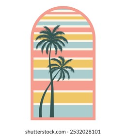 A retro sunset badge with silhouettes of palm trees. Vector illustration isolated on white background