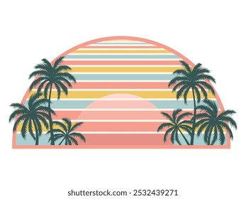 A retro sunset badge with silhouettes of palm trees. Vector illustration isolated on white background