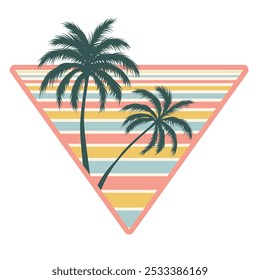 A retro sunset badge with silhouettes of palm trees. Vector illustration isolated on white background