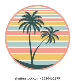 A retro sunset badge with silhouettes of palm trees. Vector illustration isolated on white background