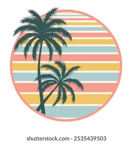 A retro sunset badge with silhouettes of palm trees. Vector illustration isolated on white background