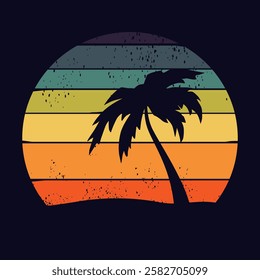 Retro sunset beach. 80s style grunge striped sunsets.Tourism or travel concept, adventure logo. Vector illustration.