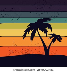 Retro sunset beach. 80s style grunge striped sunsets.Tourism or travel concept, adventure logo. Vector illustration. 