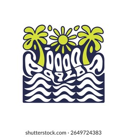 Cena retrô da praia do pôr do sol com palmeiras e Ondas Ilustração do vetor com sol estilizado e flores