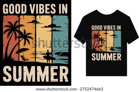 Retro sunset beach scene with palm trees and surfer silhouette for summer vacation