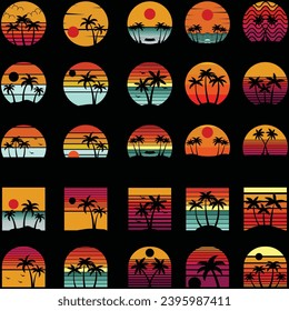 Retro sunset beach with silhouettes of palm tree vector illustration. Set of vintage retro sunset 