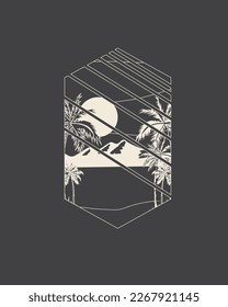 Retro Sunset Beach summer graphic design palm tree paradise vector