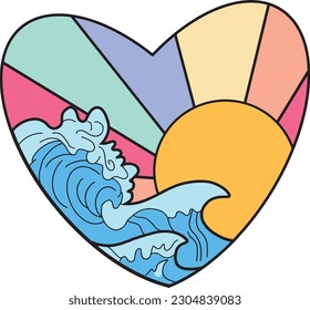 Retro Sunset Beach Wave Heart Summer illustration vector
