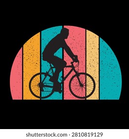 Retro Sunset Bicycle Silhouette Vector Illustration – Distressed Vintage Style Cyclist Graphic