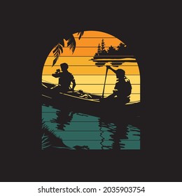 Diseño retro de camisetas de barco con puesta de sol