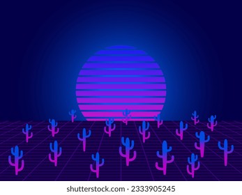 Retro sunset with cacti and 80s style perspective grid. Gradient desert carnegie cactus in synthwave and retrowave style. Design for banners and posters. Vector illustration