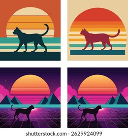 Retro Sunset Cat Silhouettes vector file