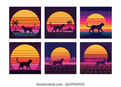 Retro Sunset Cat Silhouettes vector file