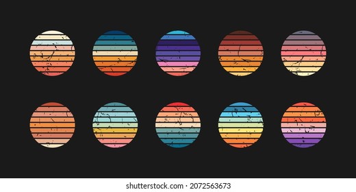 Retro sunset circle with gradient color. Vintage textured sticker of sun beach icon. Abstract stylized holiday on surf in ocean logo for t-shirt. Horizon striped colorful circles with grunge effect.